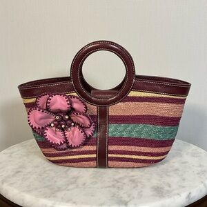 Isabella Fiore Vintage Handbag Woven Straw Body, Leather, Floral Appliqué